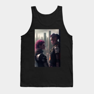 Futuristic Lesbian Lovers Embrace Over City Skyline Tank Top